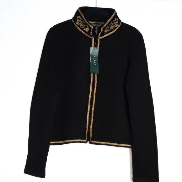 Women’s wool military-style band jacket in black with gold embroidery, size L